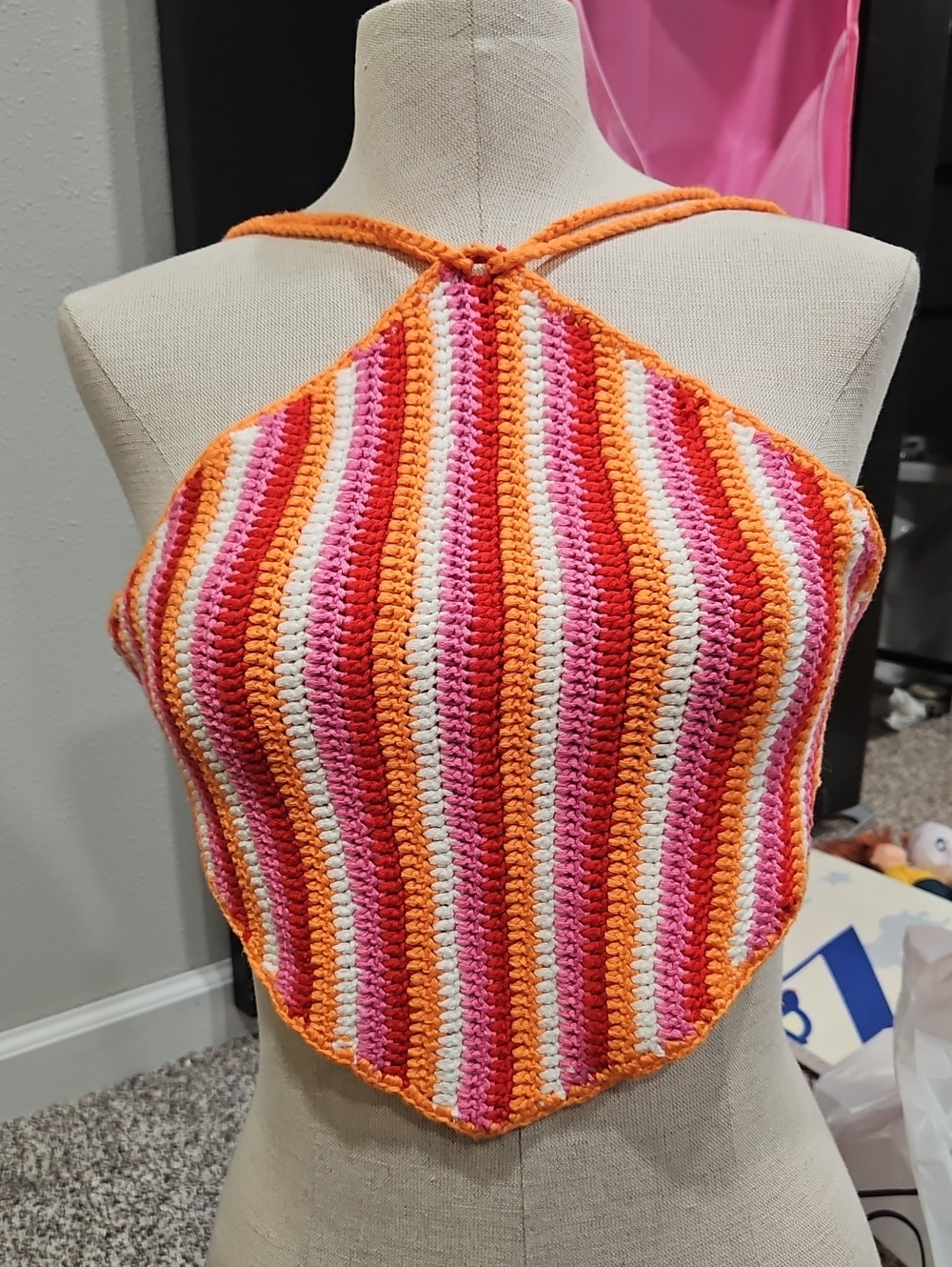 Princess Polly Striped Crochet Halter Top in Orange, Pink, Red, White
